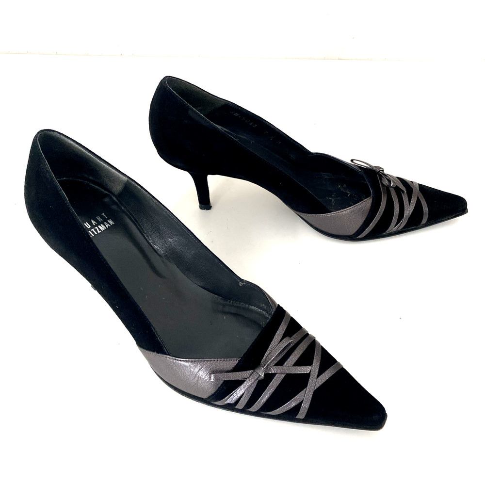 Stuart Weitzman Pump Black Suede Silver Pewter Leather Bow Pointed Toe Lace 7.5 - Picture 3 of 9